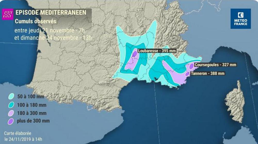 Cumul des précipitations observé entre le 21 et le 24 novembre 2019. © Twitter ©VigiMeteoFrance
